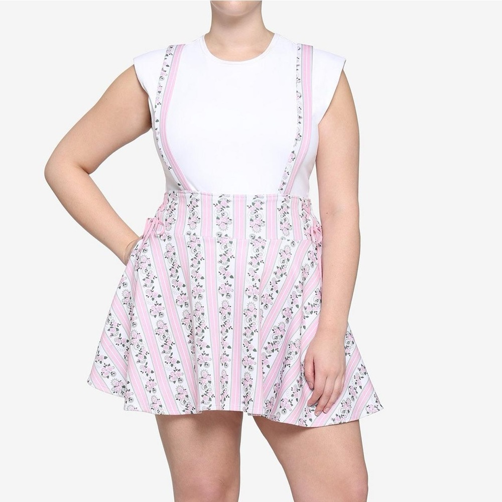 Hot Topic Pink Roses & Gears Lace-Up Suspender Skirt